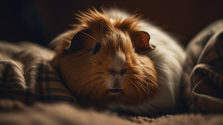 Guinea pig lying on bed at home. Cute pet.の素材