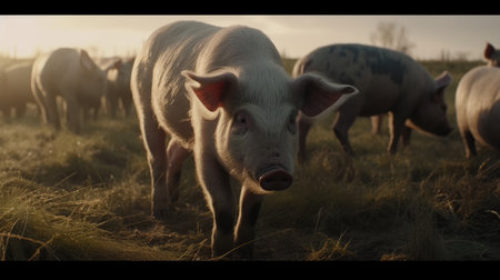 Group of pigs in a meadow at sunset. Selective focus.の素材
