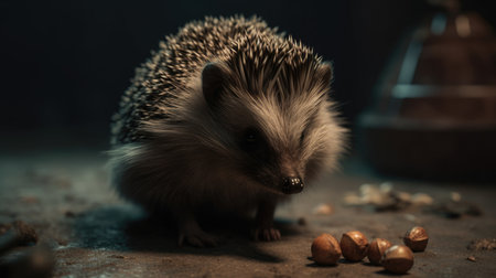 Hedgehog with nuts on a dark background, close-upの素材