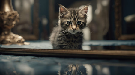 Cute tabby kitten sitting on mirror and looking at camera.の素材