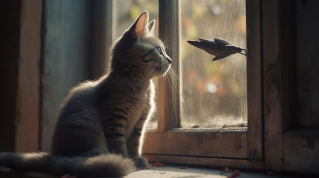 Cute cat sitting on the window sill and looking at the birdの素材