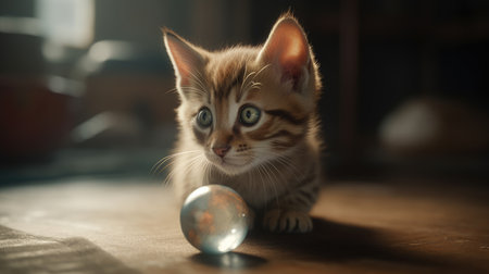 Cute little bengal kitten playing with a glass ball.の素材