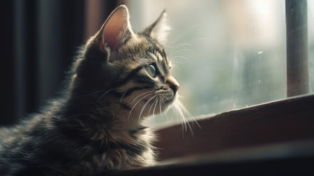 Cute tabby kitten sitting on the windowsill and looking out the windowの素材