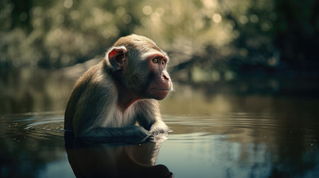 Monkey sitting in the water and looking at the camera. Filtered image processed vintage effect.の素材
