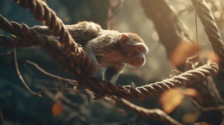 Monkey sitting on a rope in the forest. Animal theme.の素材