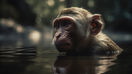 Monkey in a natural hot springs, Ubud, Bali, Indonesiaの素材