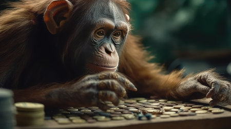 Monkey playing chess. Close-up portrait of a wild animal.の素材