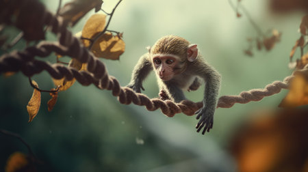Monkey on the rope in the forest. Selective focus.の素材