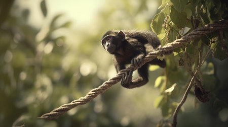 Cute monkey sitting on a rope in the jungle. Animal portraitの素材