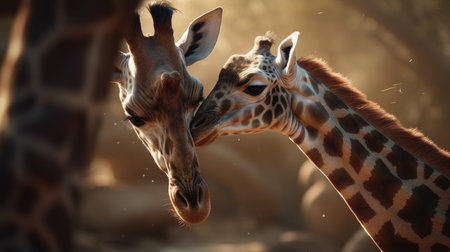 Two giraffes are looking at each other in the zoo.の素材