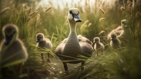 Family of swans and goslings in the meadow.の素材