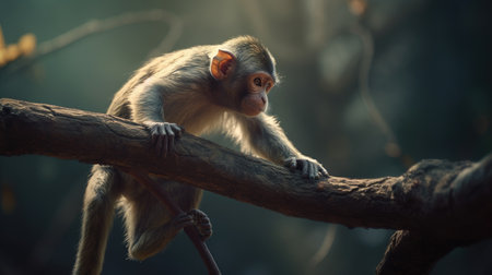 Macaque monkey sitting on a tree branch in the forest, Thailandの素材