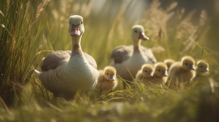 Duck family with goslings in the grass on a sunny dayの素材