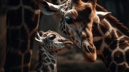 Baby giraffe and mother together in the zoo, close-upの素材