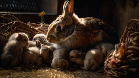 Easter bunny with newborn chicks in basket. Selective focus.の素材