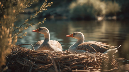 Two white geese on a nest on a lake in the sunの素材