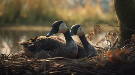 Two Canada geese sitting in a nest on the edge of a lakeの素材