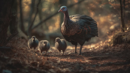 Turkey family in the autumn forest. Wild turkey with a baby in the autumn forest.の素材