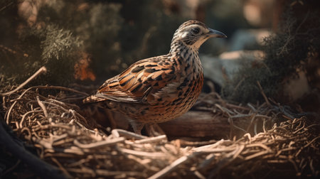 Beautiful quail bird in the nest. Selective focus.の素材