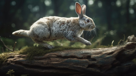 Rabbit on a log in the forest. Animal in nature.の素材