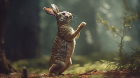 Rabbit in the forest on a foggy day. 3d renderingの素材
