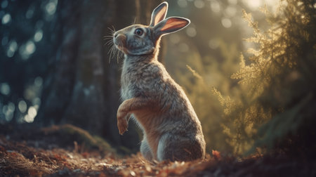 Cute little rabbit in the forest at sunset. Retro style.