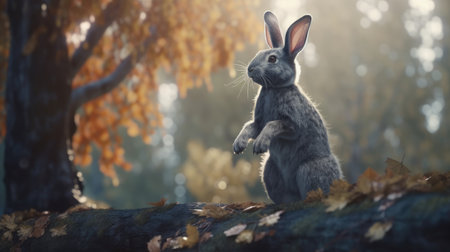 Rabbit in the autumn forest on a sunny day. Easter conceptの素材