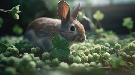 Cute little rabbit sitting on green grass in the garden. Easter concept.の素材