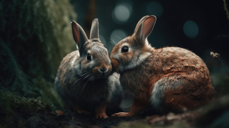 Rabbits in the forest on a dark background, close-upの素材