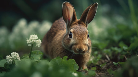 Rabbit in the grass with white flowers in the background, selective focusの素材