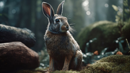 Rabbit in the forest. 3d rendering. Computer digital drawing.の素材