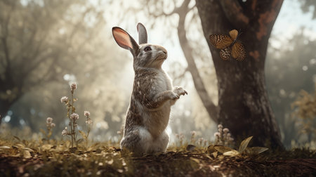 Rabbit and butterfly in the meadow. 3d rendering.の素材