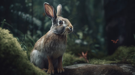 Rabbit sitting on rock in the green forest. Animal theme.の素材