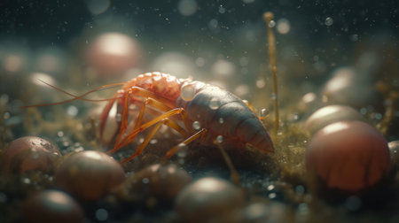 Close up of a centipede crawling on the moss. Underwater world.の素材