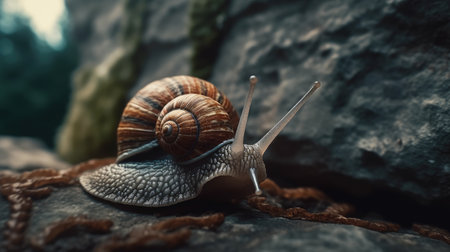 Snail crawling on a stone in the forest. Close-up.の素材