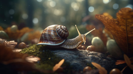 Snail crawling on moss in autumn forest. 3d illustration.の素材