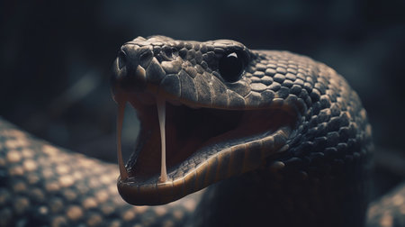 Close-up of a snake's mouth with open teeth, vintage styleの素材