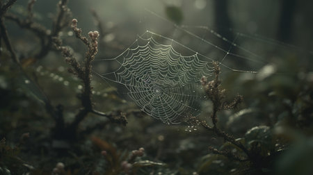 spider web with dew drops in the morning misty forestの素材