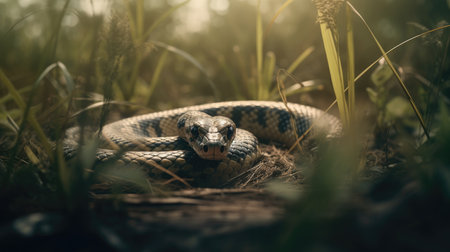Grass snake in the forest at sunset. Close-up.の素材