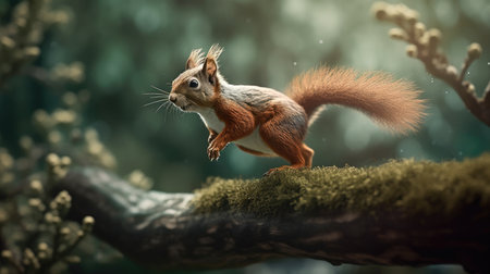 Red squirrel sits on a branch in the forest and eats nuts.の素材