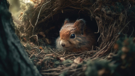 Eurasian red squirrel (Sciurus vulgaris) in the nest.の素材