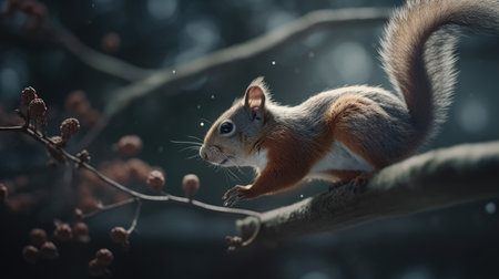 Squirrel on a branch in the winter forest. Close up.の素材