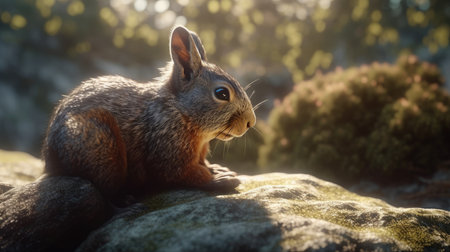 Squirrel sitting on rock and looking at camera with sunlight in backgroundの素材