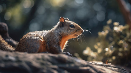 Close up of a squirrel on a tree trunk in the forest.の素材