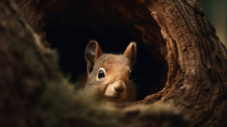 Squirrel looking out of a hole in a tree in the forestの素材