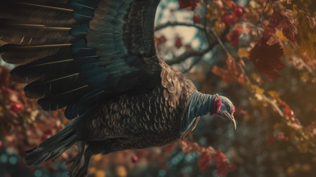 Wild turkey in the autumn forest. Vintage style toned picture.の素材