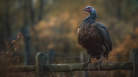 Wild turkey (Meleagris gallopavo) standing on a fenceの素材