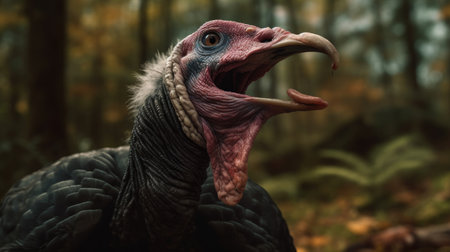 Close-up portrait of a turkey in the autumn forest. Selective focus.の素材