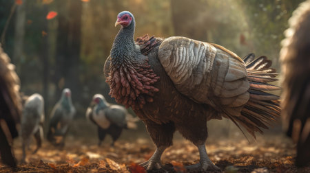 Wild turkey on a farm in the autumn. Selective focus.の素材