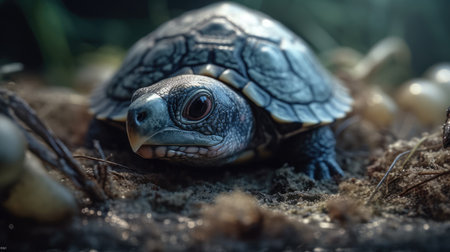 Close-up of a baby red-bellied turtle in natureの素材